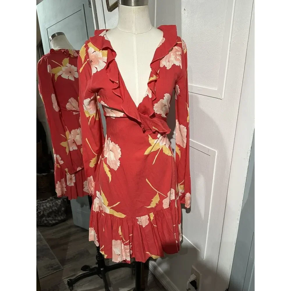BILLABONG Ruffle Mini Floral Wrap Ruffle Dress Women Size Small - Picture 3 of 11